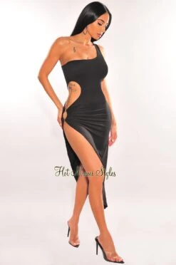 Black One Shoulder O-Ring Cut Out Slit Dress