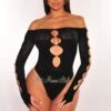 Black Pearl Off Shoulder Cut Out Long Sleeve Seamless Bodysuit