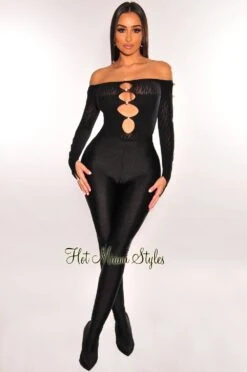 Black Pearl Off Shoulder Cut Out Long Sleeve Seamless Bodysuit -Miamis Style Shop black pearl off shoulder cut out long sleeve seamless bodysuit hot miami styles 929362