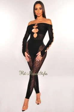 Black Pearl Off Shoulder Cut Out Long Sleeve Seamless Jumpsuit -Miamis Style Shop black pearl off shoulder cut out long sleeve seamless jumpsuit hot miami styles 502404