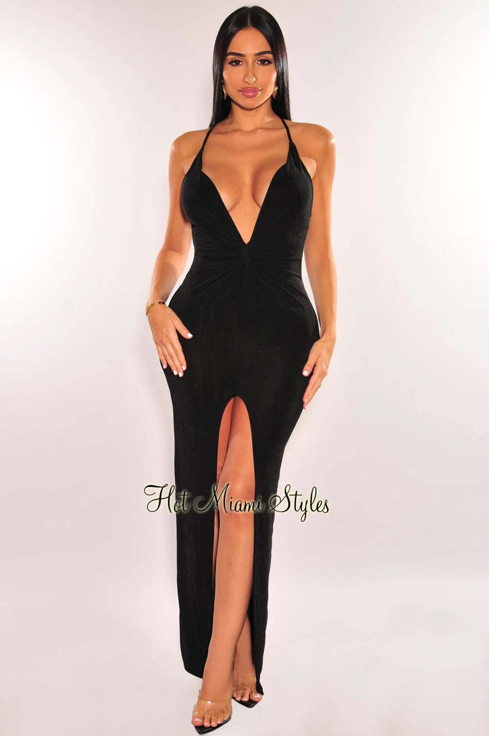 Black Plunge Knotted Criss Cross Back Slit Maxi Dress 1 Black Plunge Knotted Criss Cross Back Slit Maxi Dress