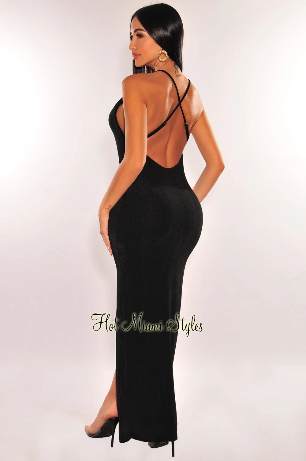 Black Plunge Knotted Criss Cross Back Slit Maxi Dress 2 Black Plunge Knotted Criss Cross Back Slit Maxi Dress - Image 2