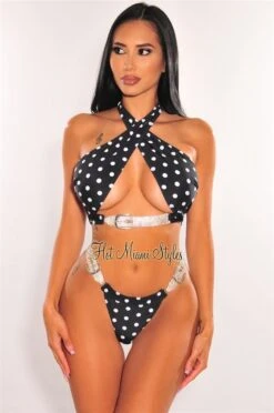 Black Polka Dot Crossover Rhinestone Buckle Bikini