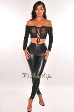 Black Polka Dot Off Shoulder Long Sleeve Lace Up Ruched Crop Top 6 Black Polka Dot Off Shoulder Long Sleeve Lace Up Ruched Crop Top -Miamis Style Shop black polka dot off shoulder long sleeve lace up ruched crop top hot miami styles 338453