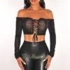 Black Polka Dot Off Shoulder Long Sleeve Lace Up Ruched Crop Top