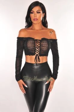Black Polka Dot Off Shoulder Long Sleeve Lace Up Ruched Crop Top