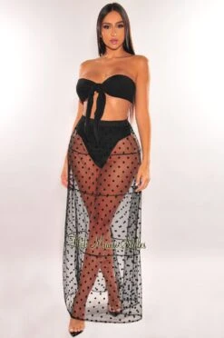 Black Polka Dot Sheer High Waist Maxi Skirt Cover Up