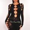 Black Rhinestone Cut OutLong Sleeve Seamless Dress