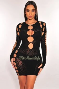 Black Rhinestone Cut OutLong Sleeve Seamless Dress
