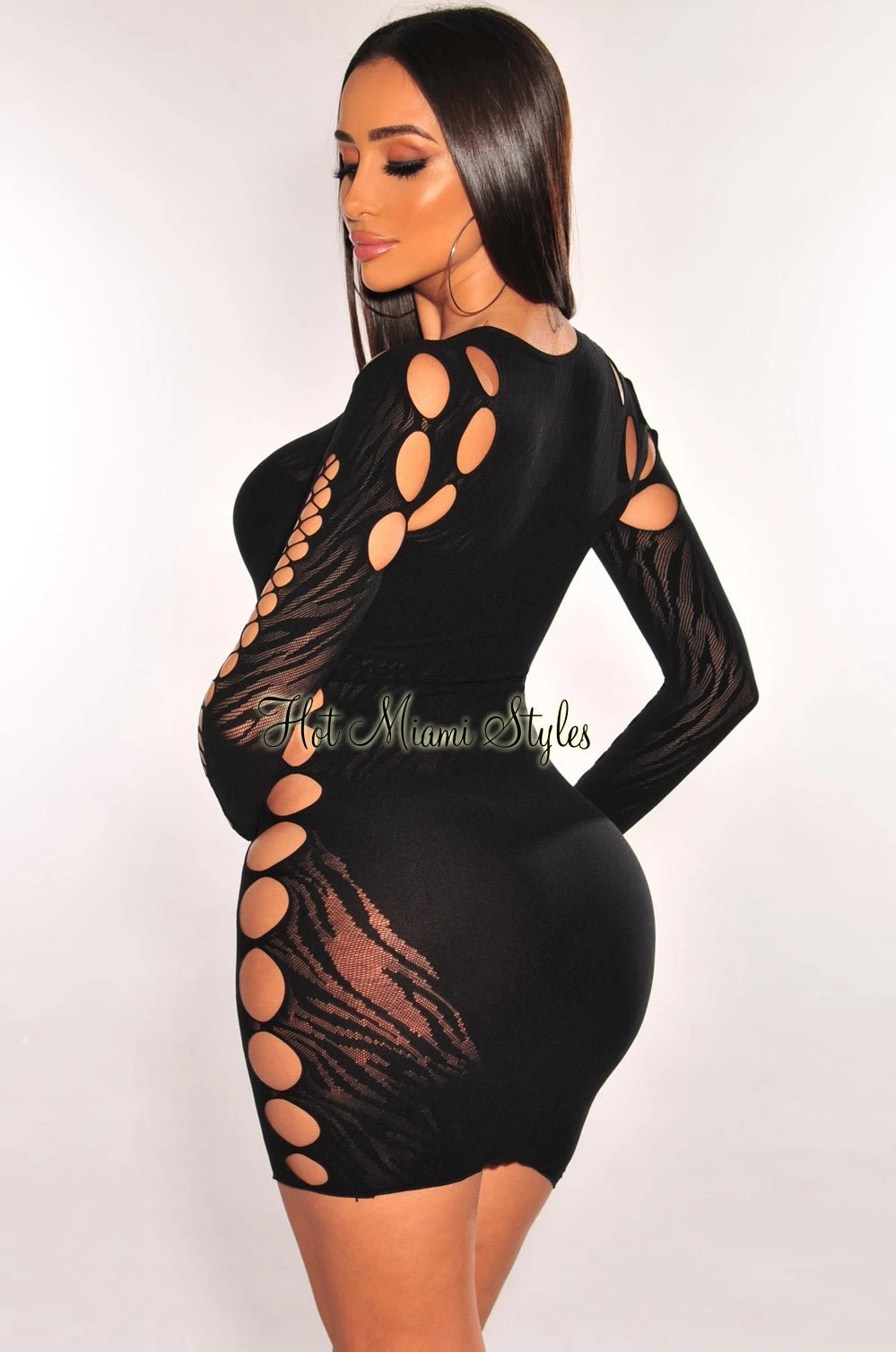 Black Rhinestone Cut OutLong Sleeve Seamless Dress 2 Black Rhinestone Cut OutLong Sleeve Seamless Dress - Image 2