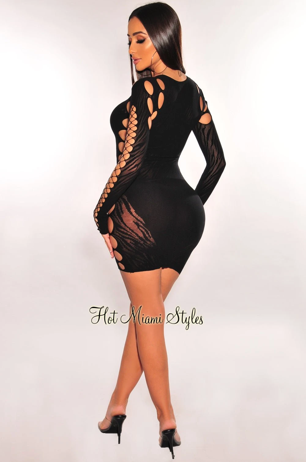 Black Rhinestone Cut OutLong Sleeve Seamless Dress 4 Black Rhinestone Cut OutLong Sleeve Seamless Dress - Image 4