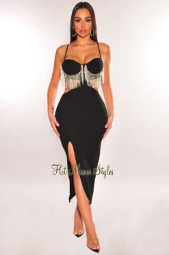 Black Rhinestone Fringe Spaghetti Strap Padded Cut Out Slit Dress