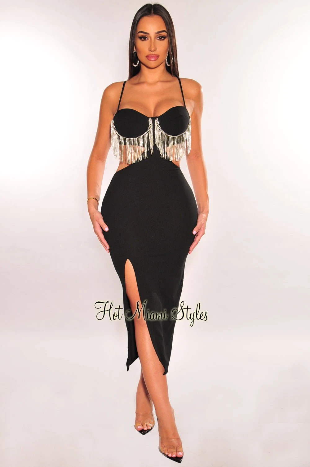 Black Rhinestone Fringe Spaghetti Strap Padded Cut Out Slit Dress 1 Black Rhinestone Fringe Spaghetti Strap Padded Cut Out Slit Dress