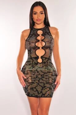 Black Rhinestone Mesh O Ring Cut Out Sleeveless Dress