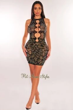 Black Rhinestone Mesh O Ring Cut Out Sleeveless Dress -Miamis Style Shop black rhinestone mesh o ring cut out sleeveless dress hot miami styles 468045