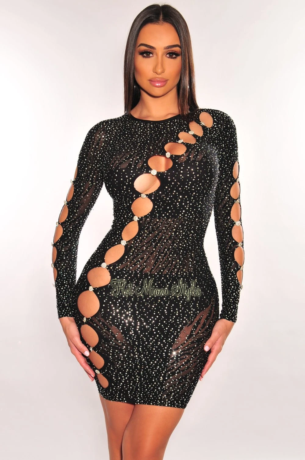 Black Rhinestone Studded Cut Out Long Sleeve Seamless Dress 1 Black Rhinestone Studded Cut Out Long Sleeve Seamless Dress