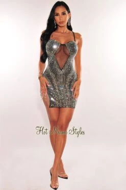 Black Rhinestones Mesh Spaghetti Straps Fringe Slit Mini Dress -Miamis Style Shop black rhinestones mesh spaghetti straps fringe slit mini dress hot miami styles 512763