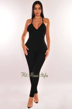 Black Ribbed Faux Bustier CrissCross Back Jumpsuit