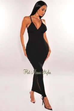 Black Ribbed Knit Criss Cross Back Lace Up Side Maxi Dress -Miamis Style Shop black ribbed knit criss cross back lace up side maxi dress hot miami styles 248062