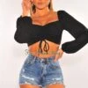 Black Ribbed Knit Padded Ruched Long Sleeve Crop Top