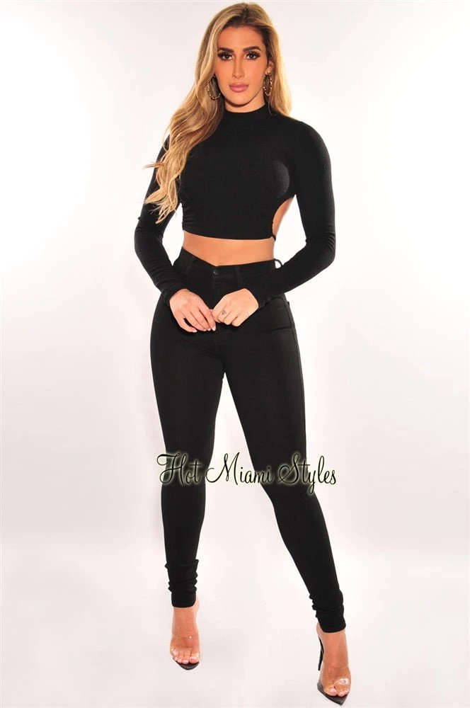 Black Ribbed Long Sleeve Drawstring Cut Out Back Crop Top 4 Black Ribbed Long Sleeve Drawstring Cut Out Back Crop Top - Image 4