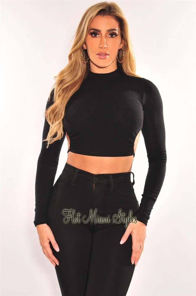 Black Ribbed Long Sleeve Drawstring Cut Out Back Crop Top 2 Black Ribbed Long Sleeve Drawstring Cut Out Back Crop Top - Image 2
