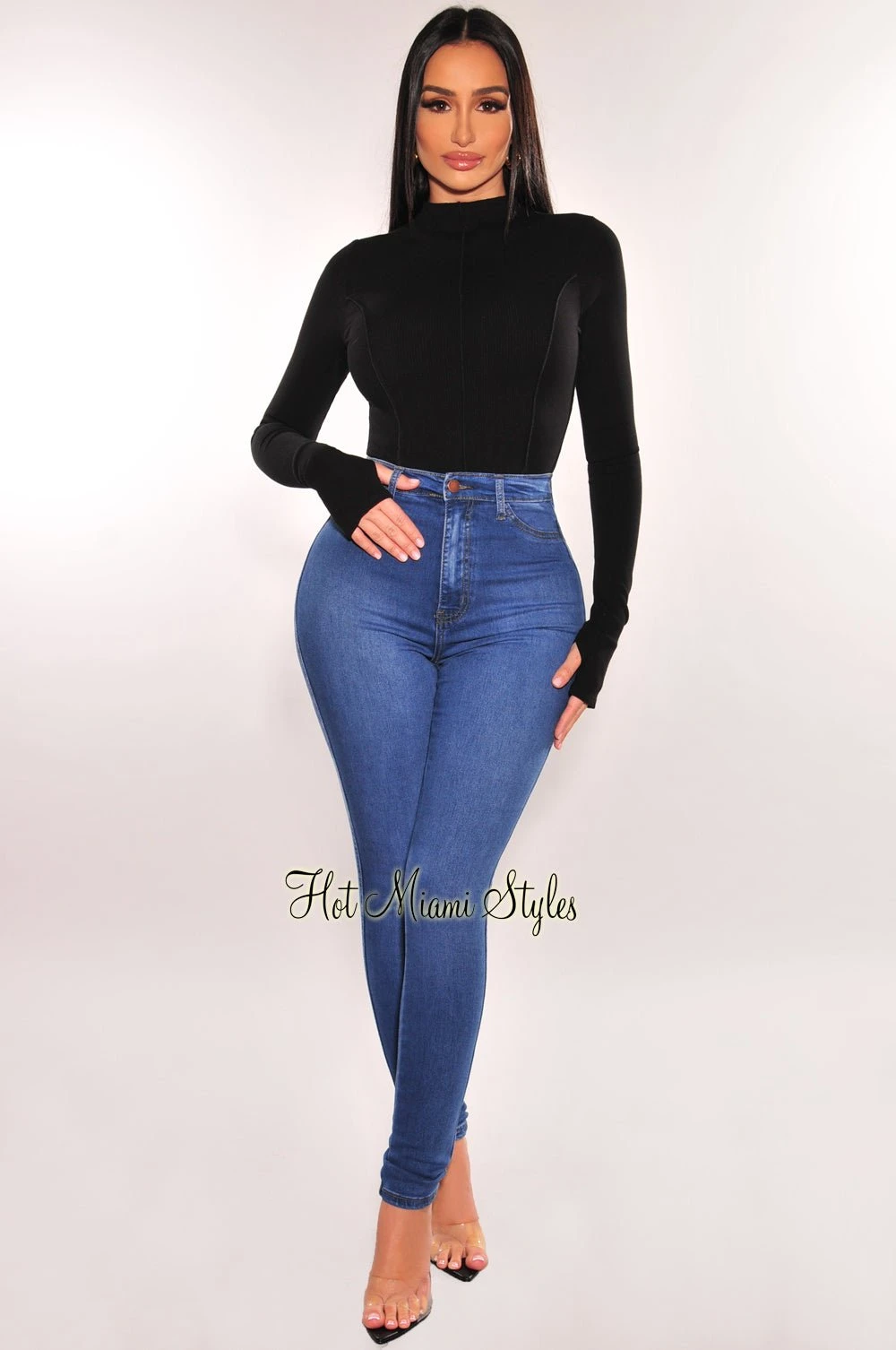 Black Ribbed Mock Neck Exposed Seams Long Sleeve Thong Bodysuit 3 Black Ribbed Mock Neck Exposed Seams Long Sleeve Thong Bodysuit - Image 3