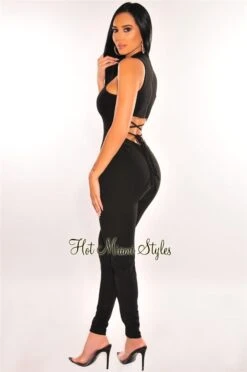 Black Ribbed Mock Neck Sleeveless Lace Up Back Jumpsuit