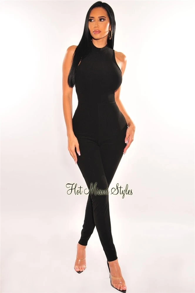 Black Ribbed Mock Neck Sleeveless Lace Up Back Jumpsuit 2 Black Ribbed Mock Neck Sleeveless Lace Up Back Jumpsuit - Image 2