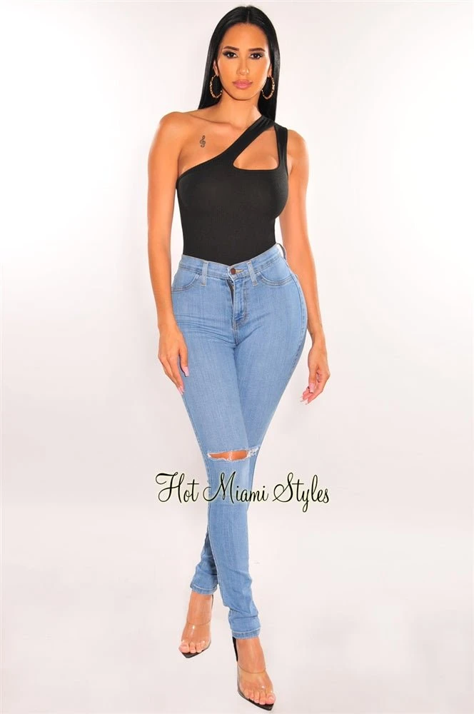 Black Ribbed One Shoulder Sleeveless Keyhole Bodysuit 3 Black Ribbed One Shoulder Sleeveless Keyhole Bodysuit - Image 3