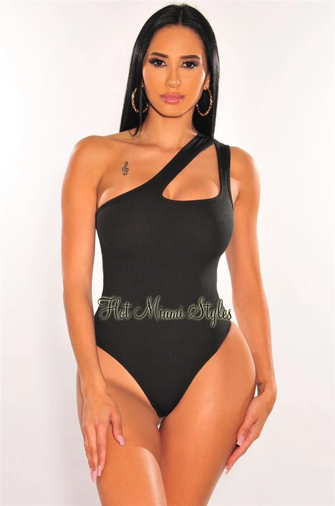 Black Ribbed One Shoulder Sleeveless Keyhole Bodysuit 1 Black Ribbed One Shoulder Sleeveless Keyhole Bodysuit