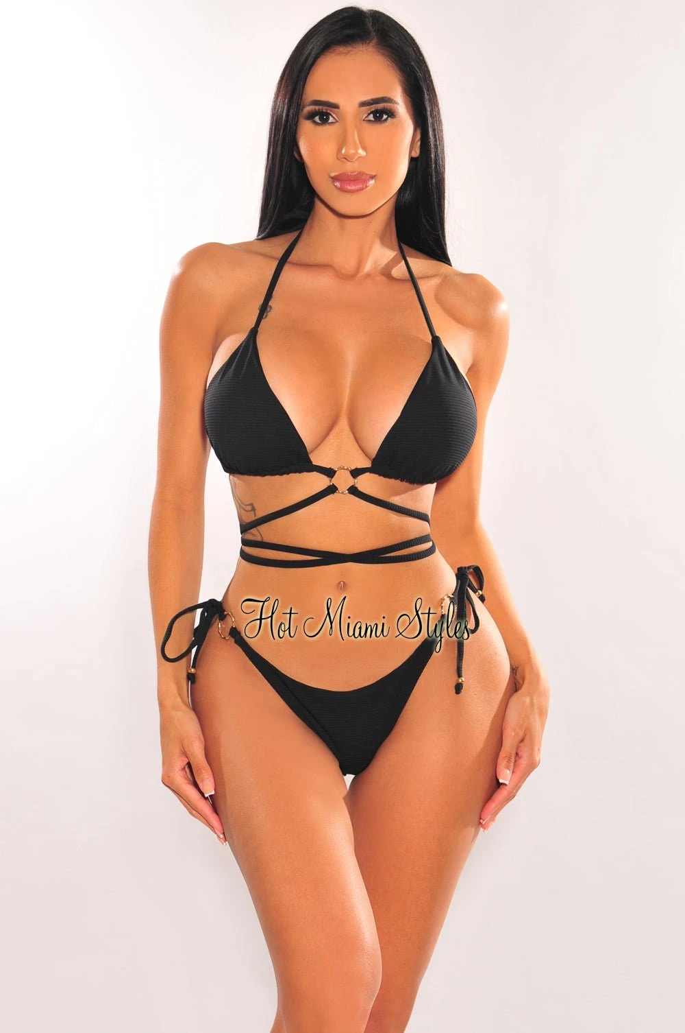 Black Ribbed Padded O-Ring Wrap Around Bikini 1 Black Ribbed Padded O-Ring Wrap Around Bikini