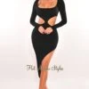 Black Ribbed Round Neck Cut Out Long Sleeve Slit Dress