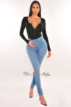 Black Ribbed Round Neck Long Sleeve Snap Button Up Bodysuit -Miamis Style Shop black ribbed round neck long sleeve snap button up bodysuit hot miami styles 312364