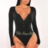 Black Ribbed Round Neck Long Sleeve Snap Button Up Bodysuit