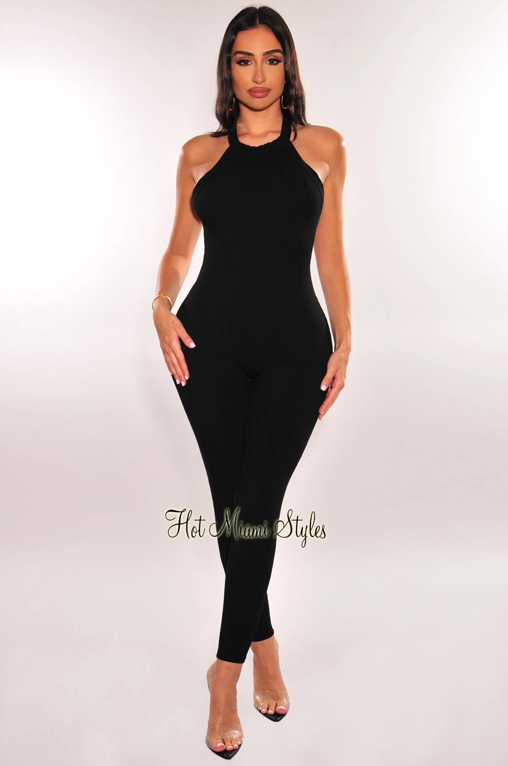 Black Ribbed Sleeveless Criss Cross Back Jumpsuit 2 Black Ribbed Sleeveless Criss Cross Back Jumpsuit - Image 2