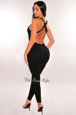 Black Ribbed Sleeveless Criss Cross Back Jumpsuit