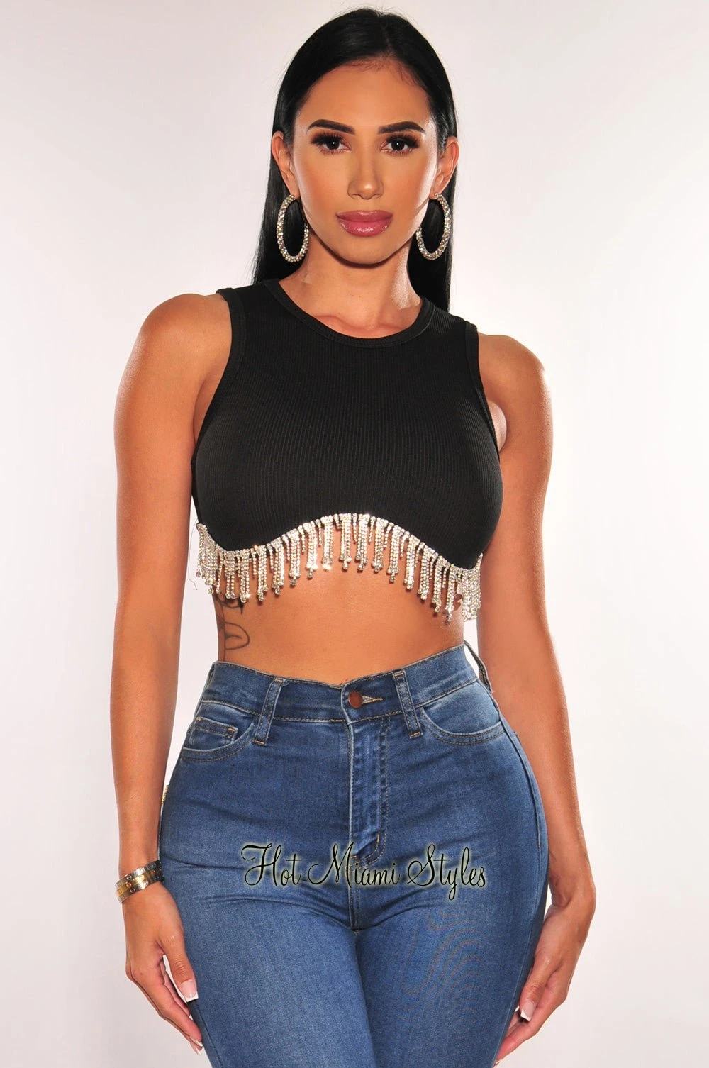 Black Ribbed Sleeveless Rhinestone Fringe Curved Hem Crop Top 1 Black Ribbed Sleeveless Rhinestone Fringe Curved Hem Crop Top