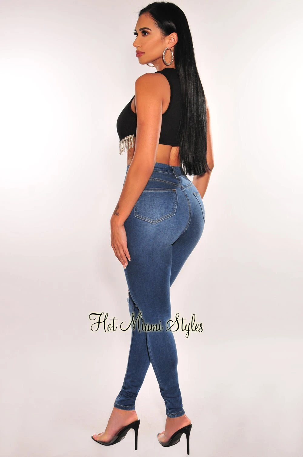 Black Ribbed Sleeveless Rhinestone Fringe Curved Hem Crop Top 4 Black Ribbed Sleeveless Rhinestone Fringe Curved Hem Crop Top - Image 4