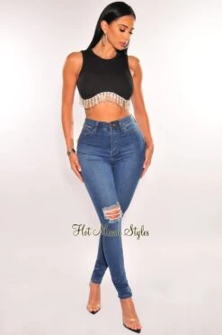 Black Ribbed Sleeveless Rhinestone Fringe Curved Hem Crop Top 6 Black Ribbed Sleeveless Rhinestone Fringe Curved Hem Crop Top -Miamis Style Shop black ribbed sleeveless rhinestone fringe curved hem crop top hot miami styles 617856