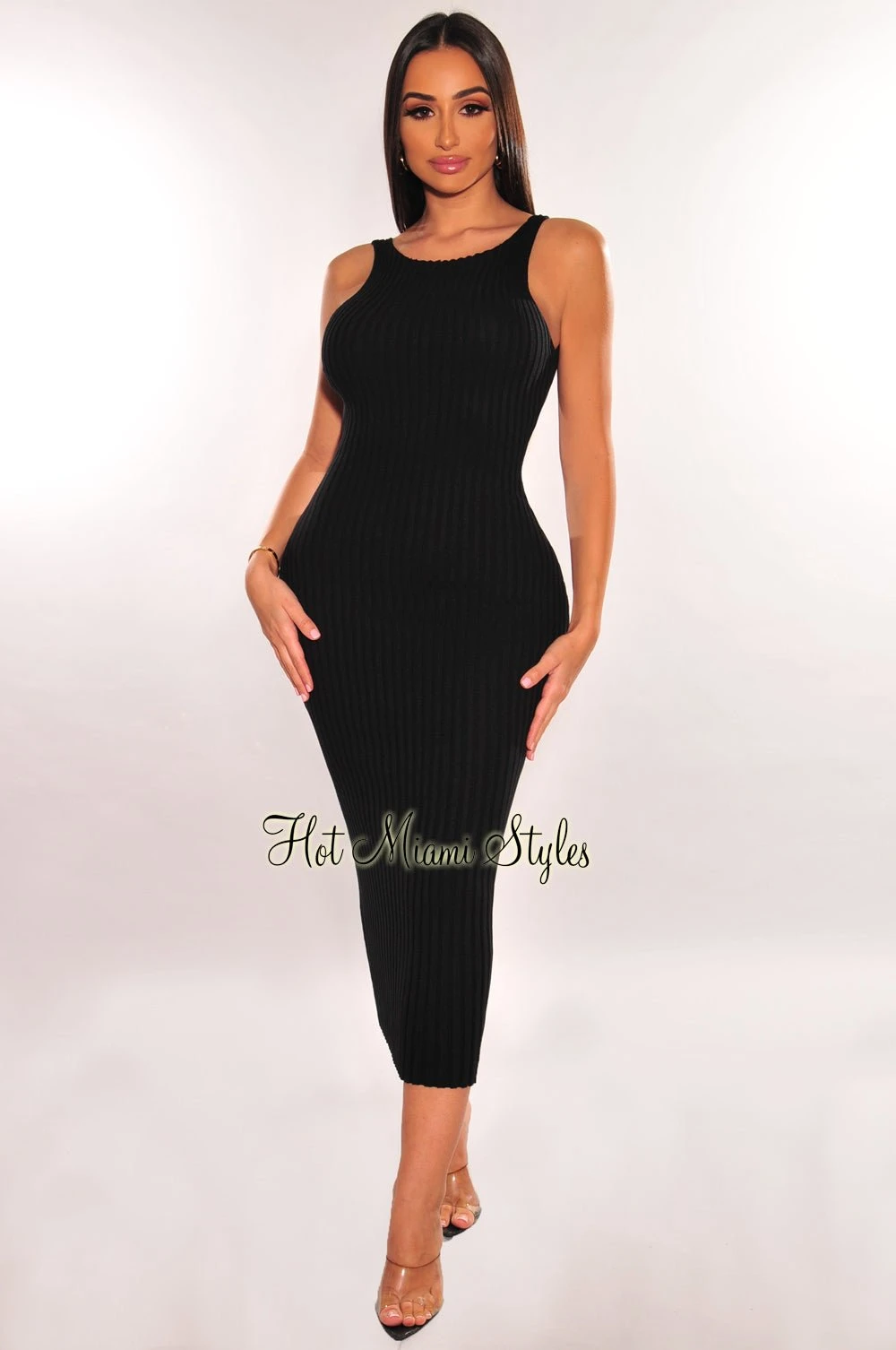 Black Ribbed Sleeveless Scoop Back Midi Dress 2 Black Ribbed Sleeveless Scoop Back Midi Dress - Image 2