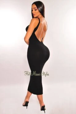 Black Ribbed Sleeveless Scoop Back Midi Dress