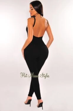 Black Ribbed Spaghetti Strap Open Back Jumpsuit