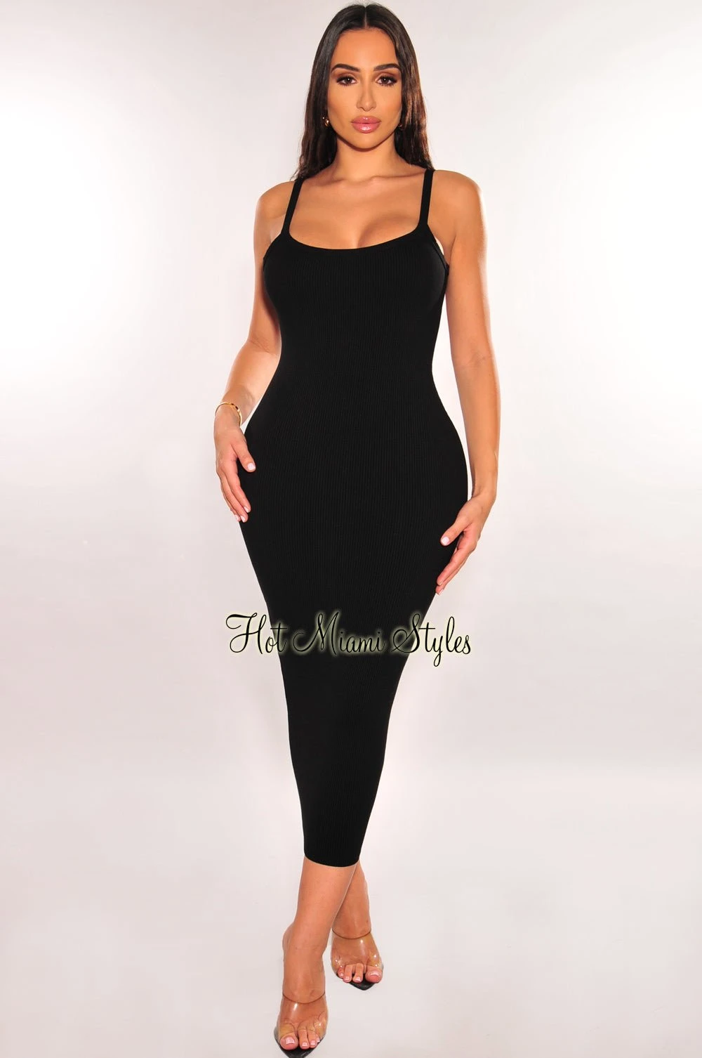 Black Ribbed Spaghetti Strap Sleeveless Open Back Midi Dress 2 Black Ribbed Spaghetti Strap Sleeveless Open Back Midi Dress - Image 2