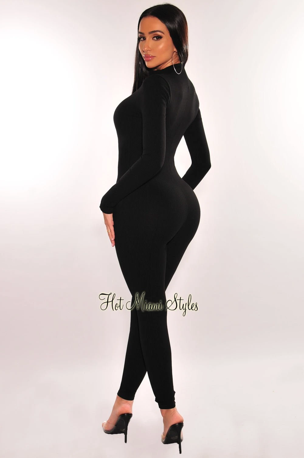 Black Ribbed Zipper Long Sleeve Jumpsuit 2 Black Ribbed Zipper Long Sleeve Jumpsuit - Image 2