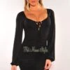 Black Ruched Lace Up Long Sleeve Dress