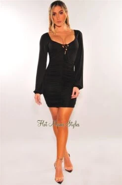 Black Ruched Lace Up Long Sleeve Dress 6 Black Ruched Lace Up Long Sleeve Dress -Miamis Style Shop black ruched lace up long sleeve dress hot miami styles 564408