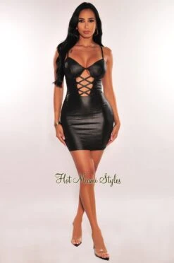Black Satin Spaghetti Straps Padded Underwire Lace Up Cut Out Mini Dress -Miamis Style Shop black satin spaghetti straps padded underwire lace up cut out mini dress hot miami styles 460610