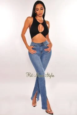 Black Seamless Ribbed Cut Out Twisted Sleeveless Crop Top -Miamis Style Shop black seamless ribbed cut out twisted sleeveless crop top hot miami styles 697243