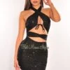 Black Sequins Halter CrissCross Cut Out Ruched Dress